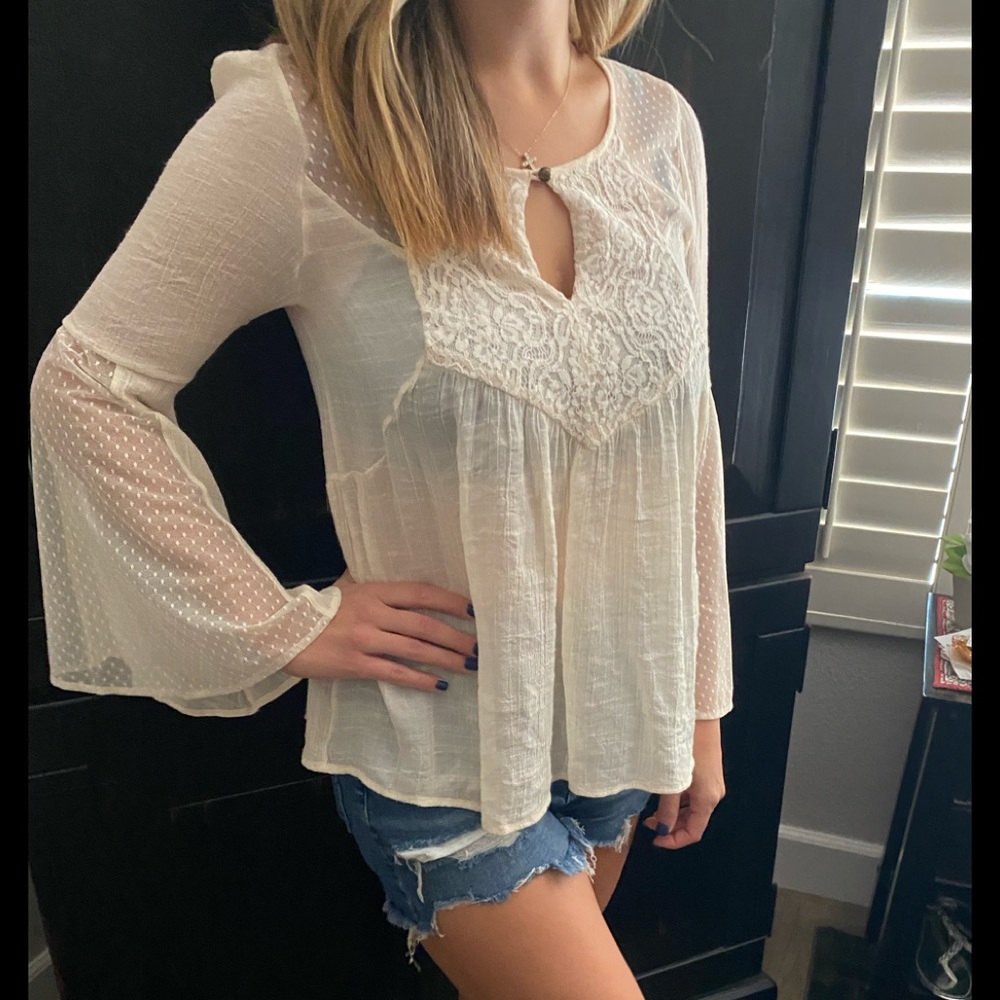 Taylor & Sage Lace Sheer Boho Top | Bell Sleeves